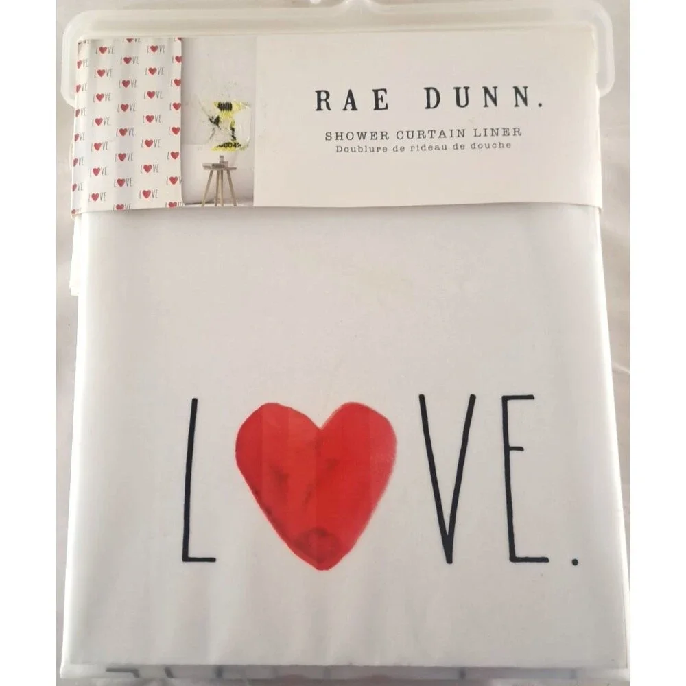 NEW Rae Dunn Hearts Love Shower Curtain Liner Valentine's Day Red Black